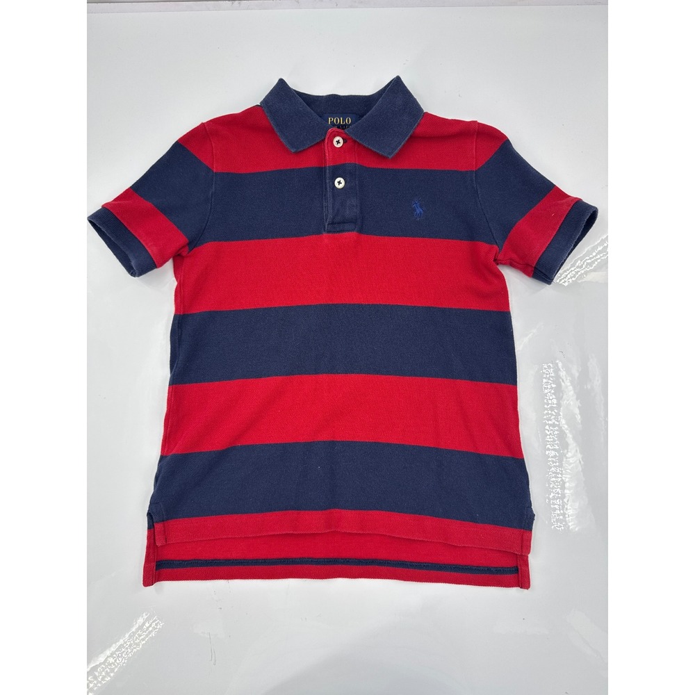 Polo Ralph Lauren Kids Red Navy Blue Striped Short Sleeve Cotton Polo Shirt Sz 6